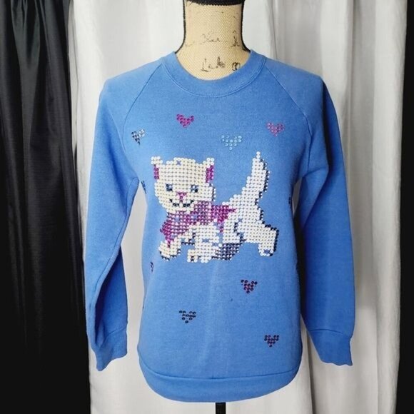 Vintage 90s Blue Sequin Kitty Cat Girly Crewneck Sweatshirt - Picture 13 of 13